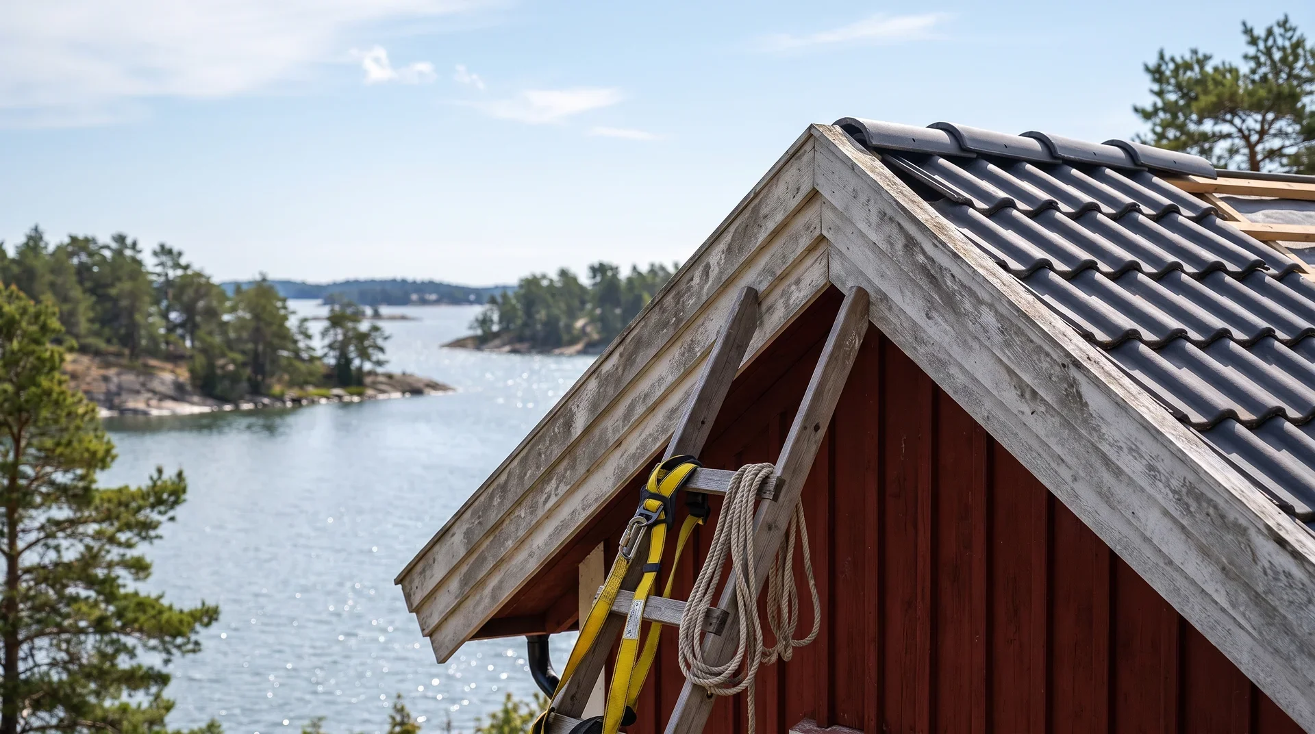 Röd stuga med grått tegeltak vid vatten med skärgårdsvy.