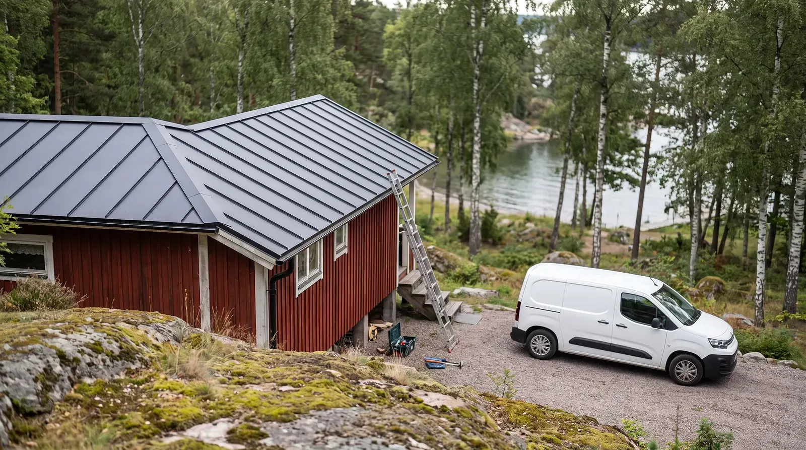 Vit skåpbil parkerad vid rött trähus med grått plåttak nära sjö.