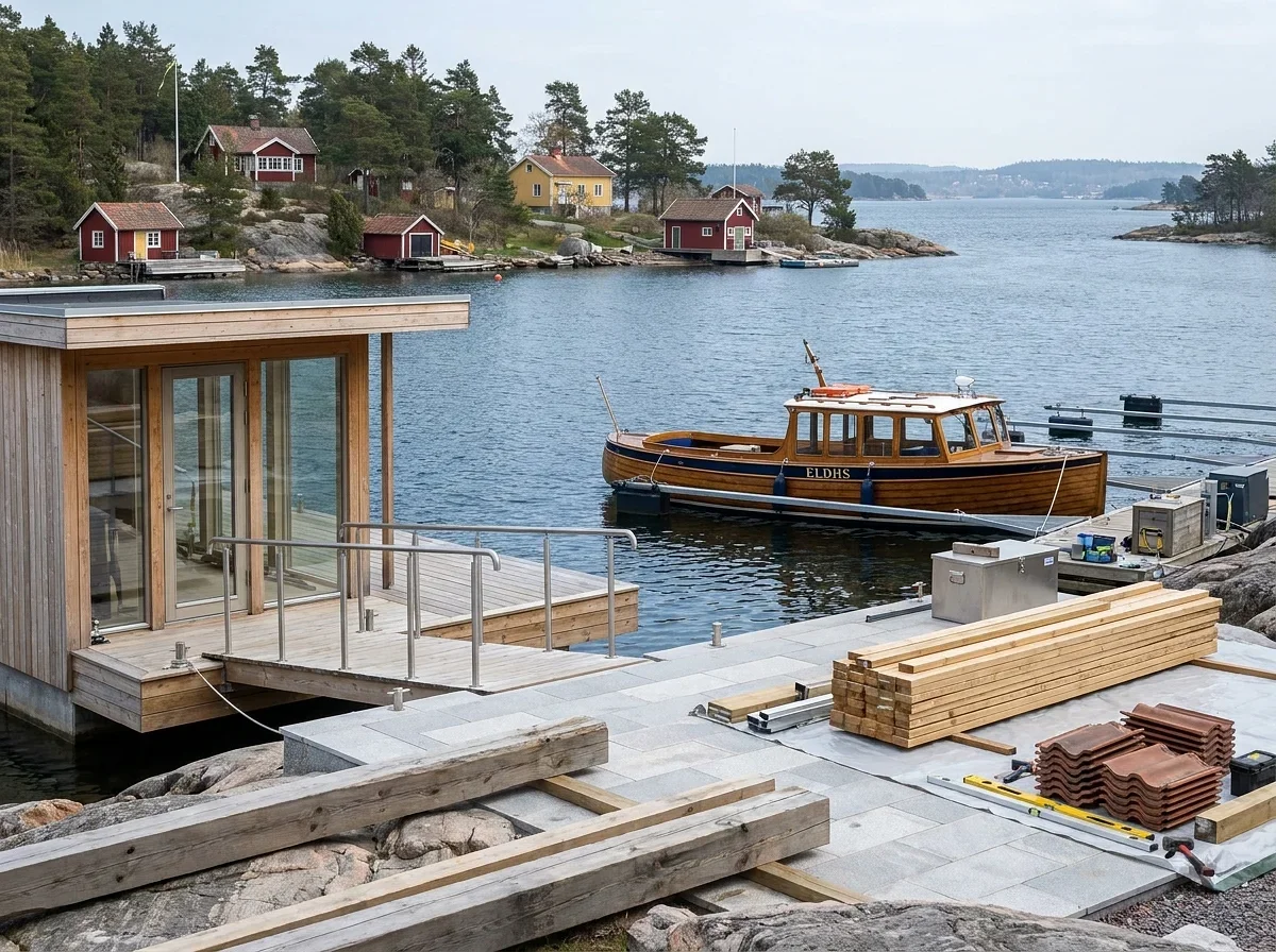 Träbåt förtöjd vid brygga med röda stugor i skärgården.