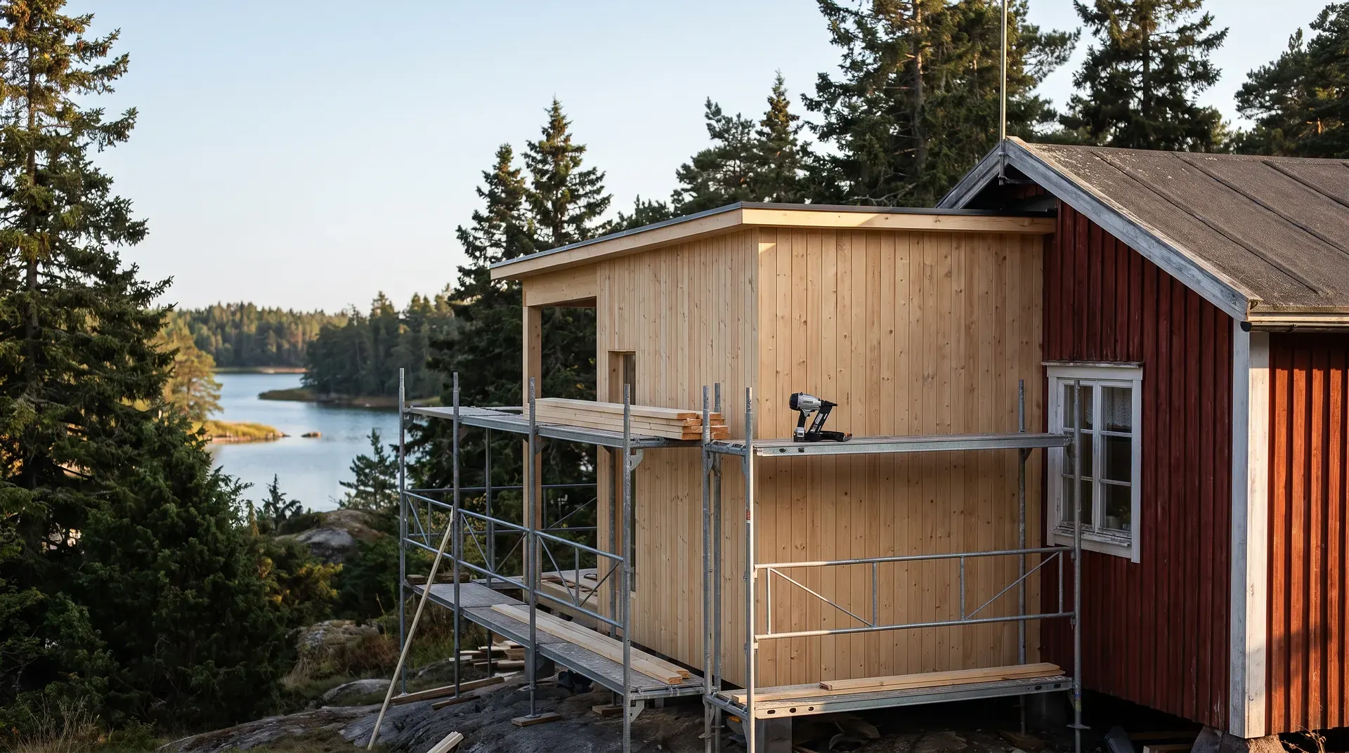 Nybyggd träbyggnad med byggnadsställning vid sjö i skogsmiljö.