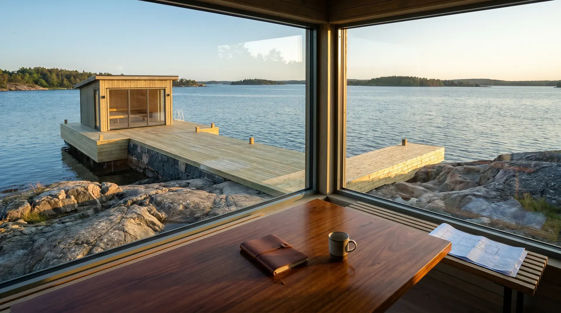 Utsikt från fönster mot brygga med bastu vid klippig skärgård.