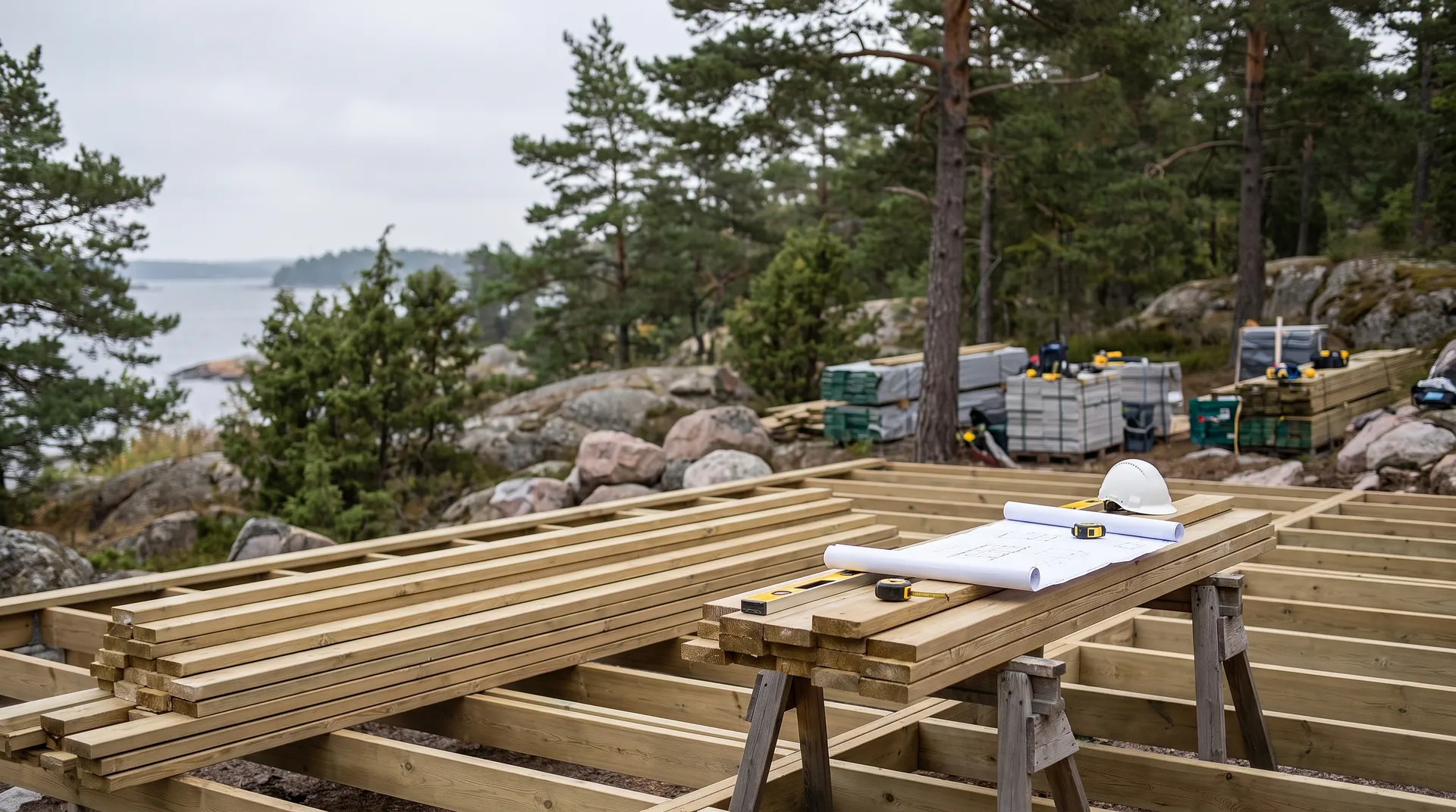 Träkonstruktion under byggnation vid havsnära tomt med ritningar och hjälm.